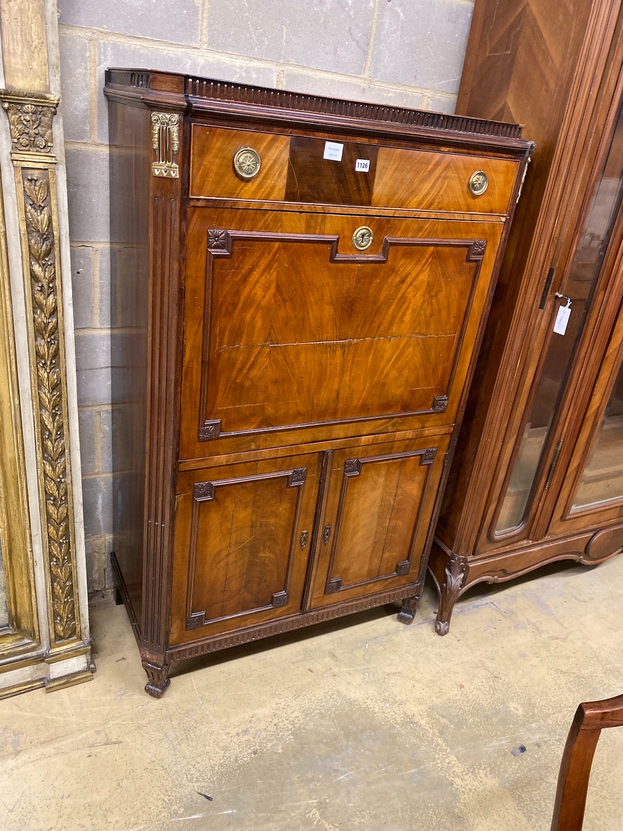 An early 19th century Dutch gilt metal mounted mahogany secretaire abbatant, width 96cm, depth 46cm, height 154cm